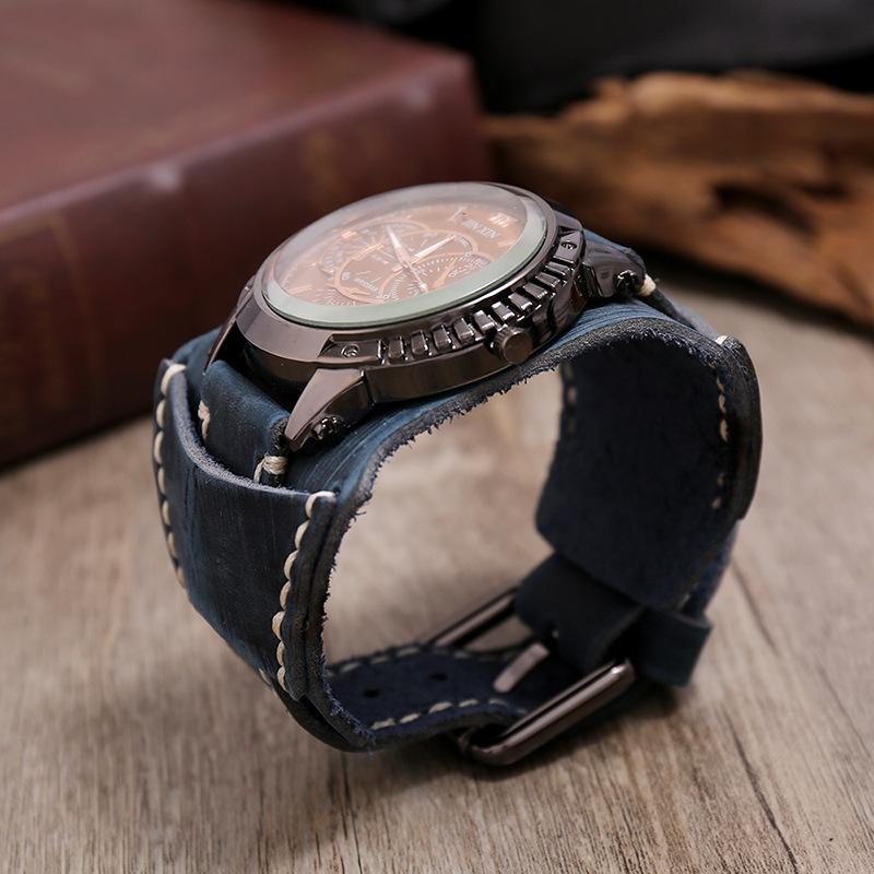 New Fashion Men'S Watches Luxury Big Dial Quartz Lovers Watch Wide Genuine Leather Punk Bracelet Sport Wristwatch Men Gift