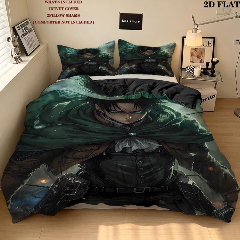 Attack Titan Pattern Bedding Quilt Set Quilt Cover Pillowcase Home Birthday Gift(1 * Duvet Cover + 2 * Pillowcase, Without Core)