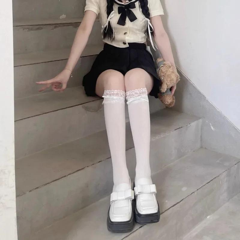 2 Pairs Women Lolita Lace-edge Bow Velvet Stockings Mid Leg Socks Thin Breathable Soft Cute College Style Kawaii Calf Socks
