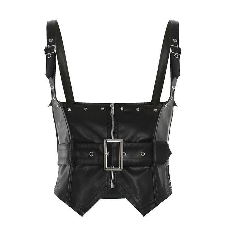 H Home European and American Women's Clothing Motorcycle Dark Metal Buckle Zipper Leather Chest Plate Pull Cool Sexy Rivet Vest Top Tide