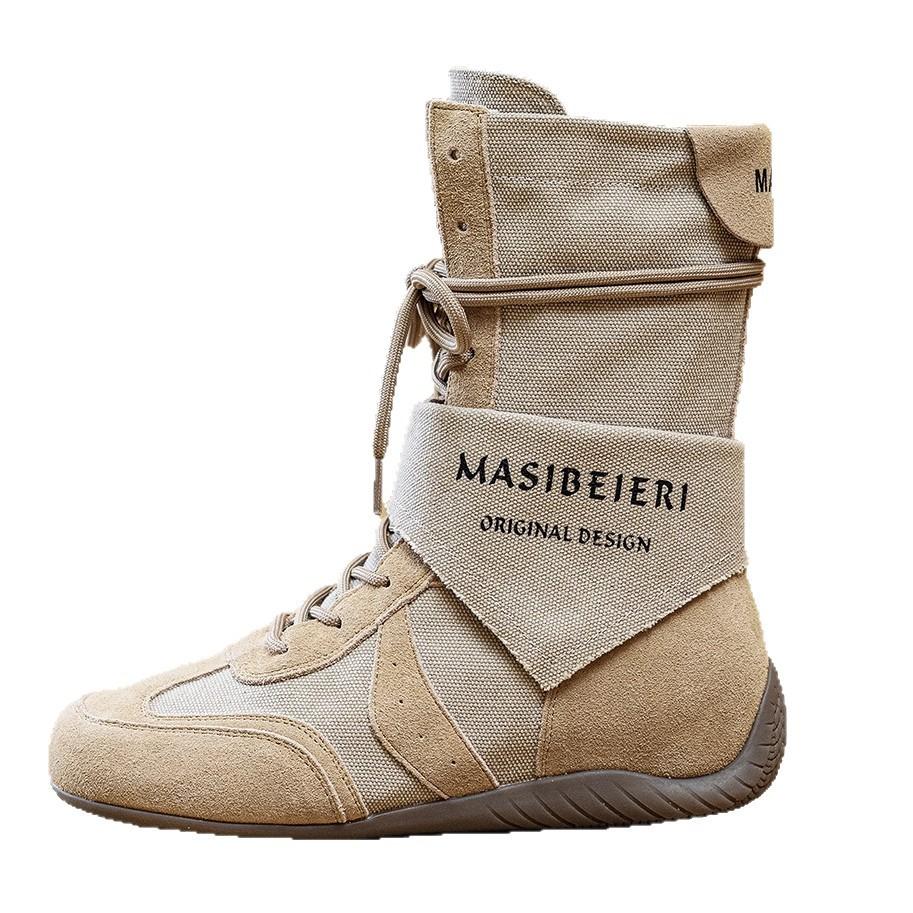 2025 new trend matte leather canvas breathable wasteland wind thick-soled medium tube Martin boots women's lace-up tooling boots