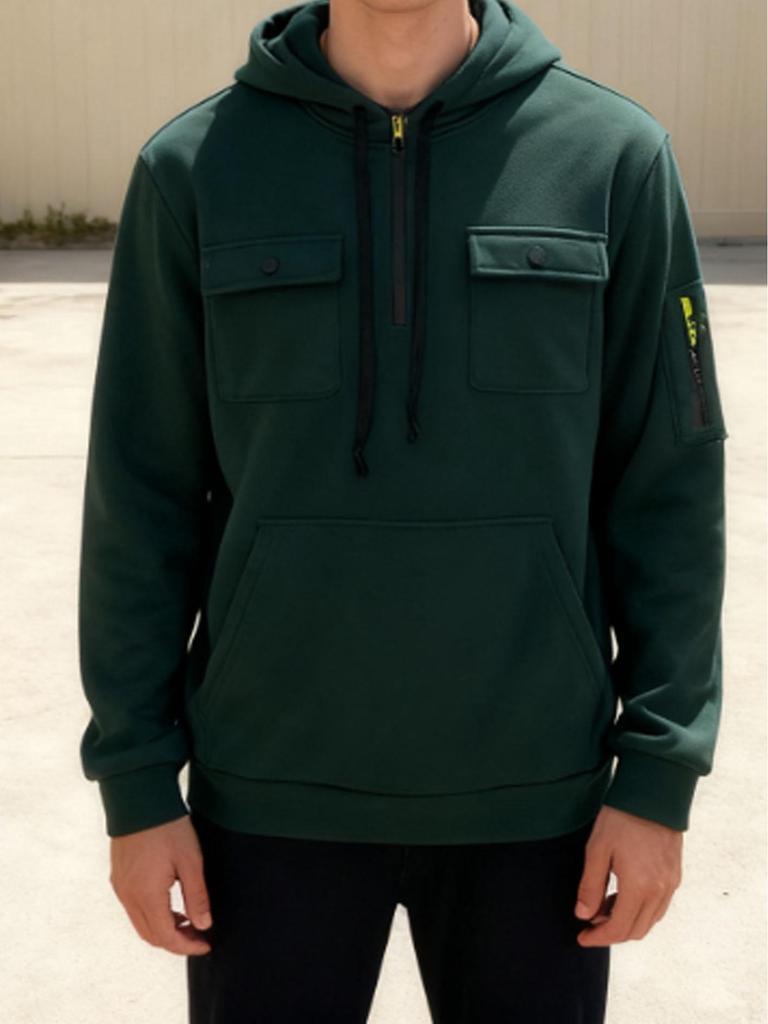 Men's Fleece Hooded Sweatshirt with Dual Chest Pockets - Casual, Trendy Zipper Pullover for Autumn and Winter