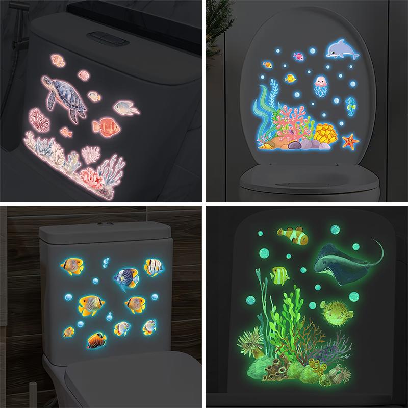 Glow-In-The-Dark Ocean Fish Toilet Sticker Bathroom Decoration Self-Adhesive And Removable Home Living Room Wall Decoration