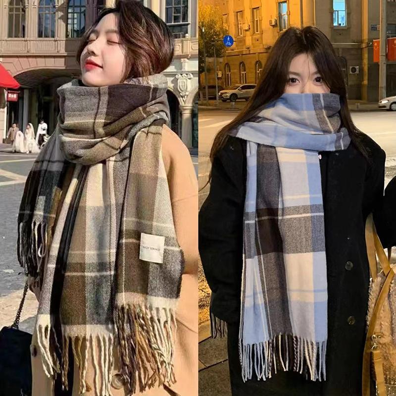 Korean Style Tassel Thick Thermal Scarf Women Winter Plaid Print Long Warm Shawl Costume Accessories