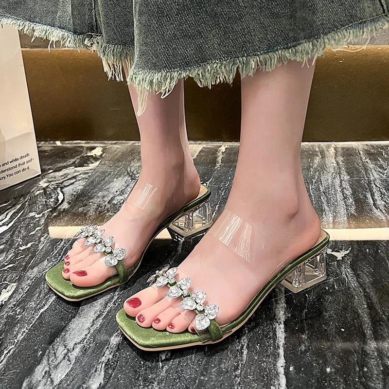 Fashion Shoes Female 2025 New Open Toe Women's Slippers Fashion Crystal Outdoor Dress Summer Square Toe Best Seller Heels Women Zapatos
