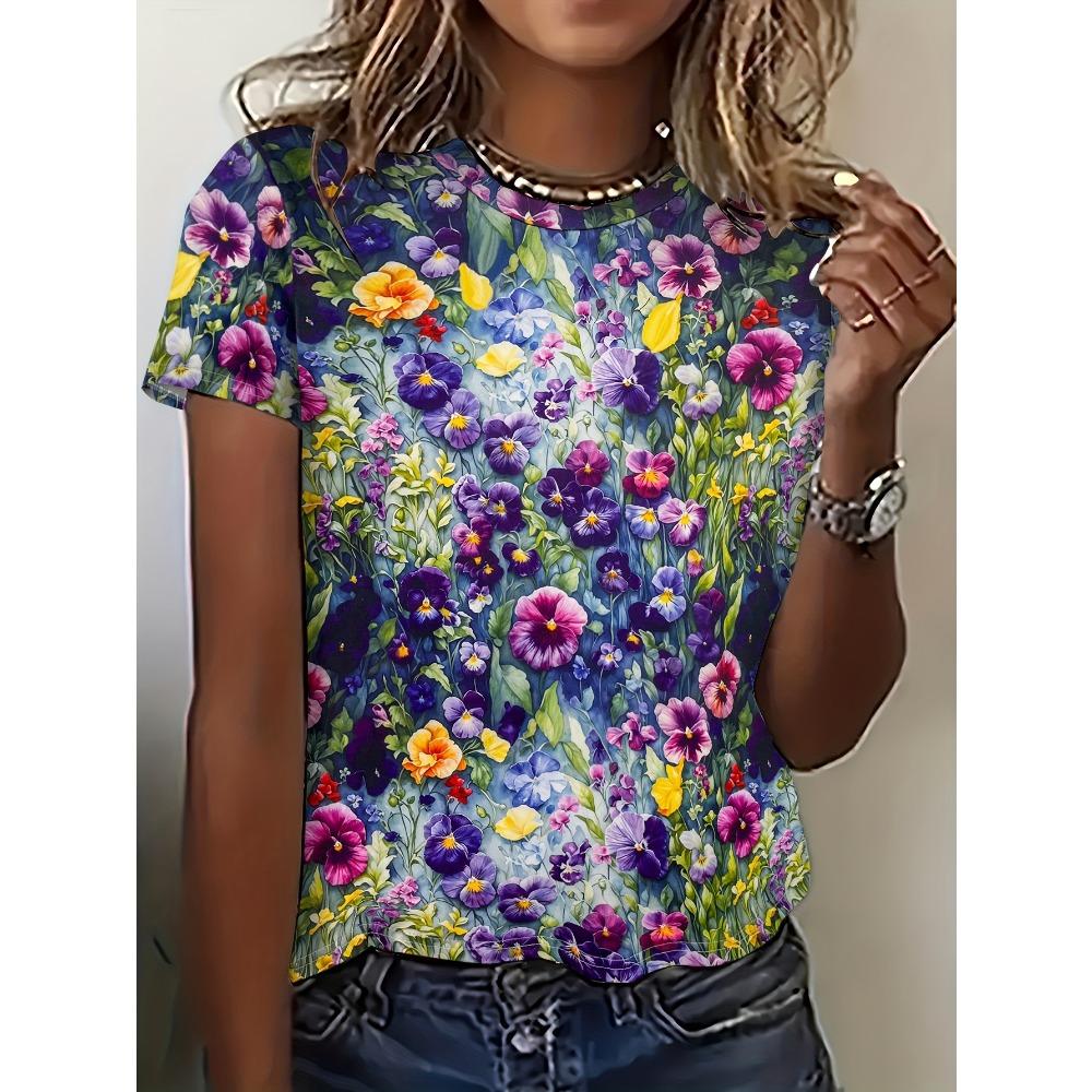 Women's Fashion Oil Floral Pattern Fashion Short Sleeve Round Neck Top Casual