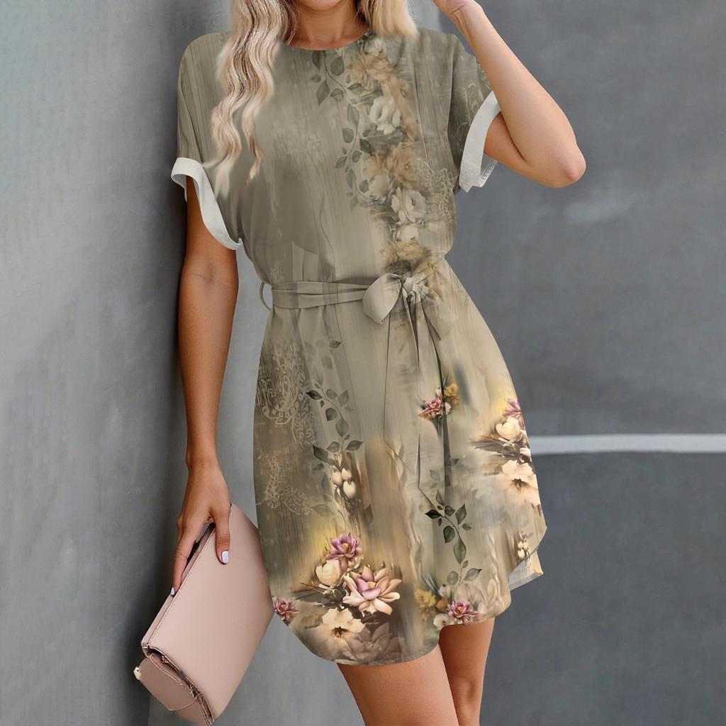 Womens Summer Short Dresses O Neck Casual Batwing-Short Sleeve Belted Dress For Women