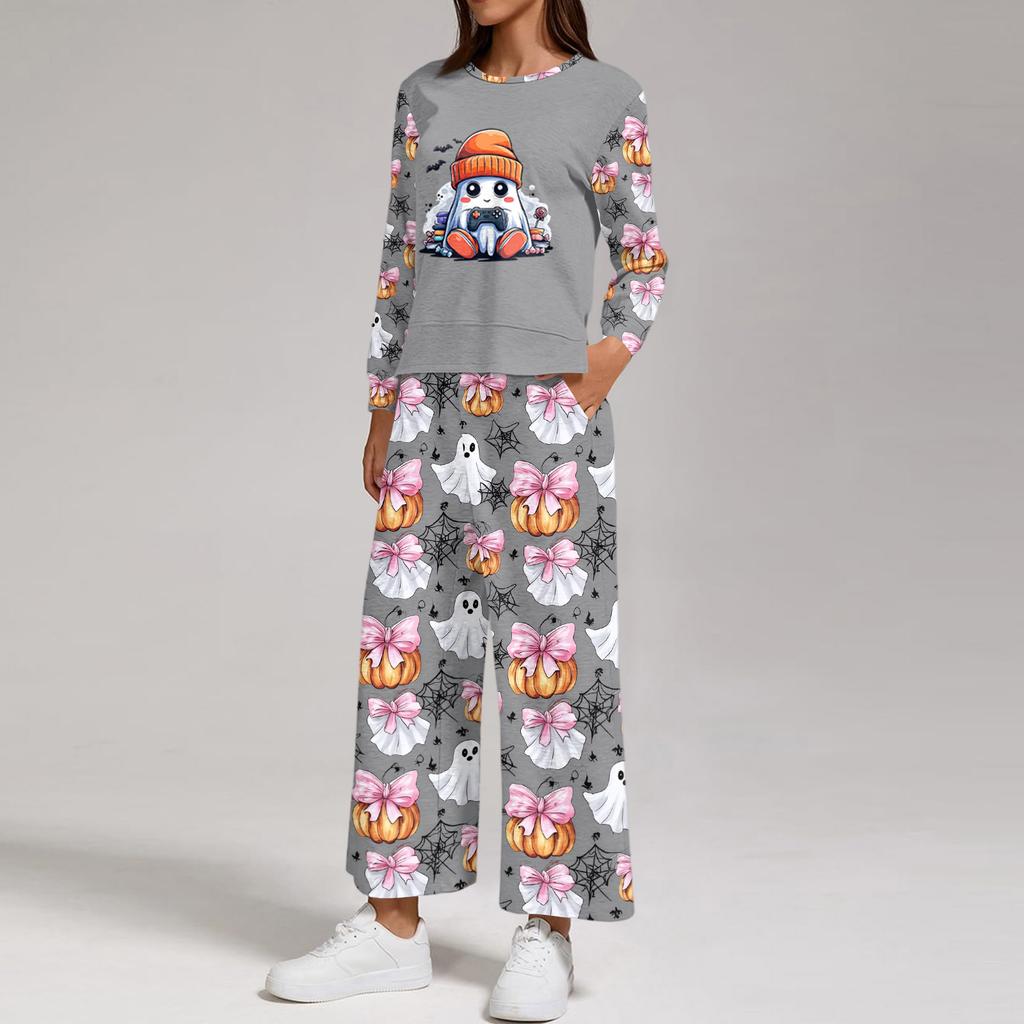 Women's Casual Round Neck Loose Fit Sweatshirt and Pants Set with Halloween Print Hem Slit for Halloween
