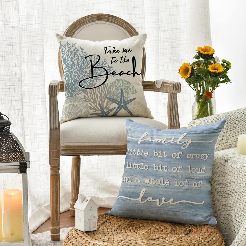AVOIN Colorlife Summer Take Me To The Beach Coral Starfish Throw Pillow Covers, 18 X 18 Inch Home Sweet Home Motto Blue Cushion Case for Sofa Couch