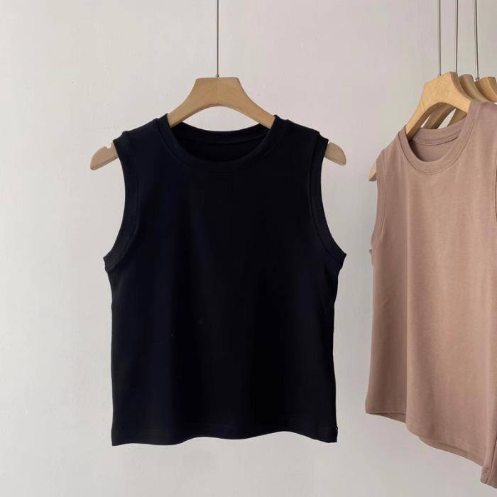 Spring and Summer Versatile Elastic Slim Slim Short Round Neck Bottoming Shirt Women's Sleeveless T-shirt Vest Top Commuting
