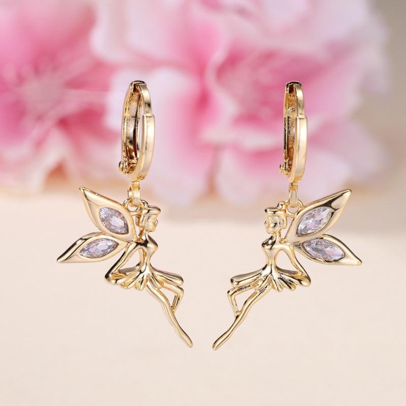 Eryun Winter K Gold and White Diamond Horse Eye Fairy Wings Earrings Temperament Versatile Earrings