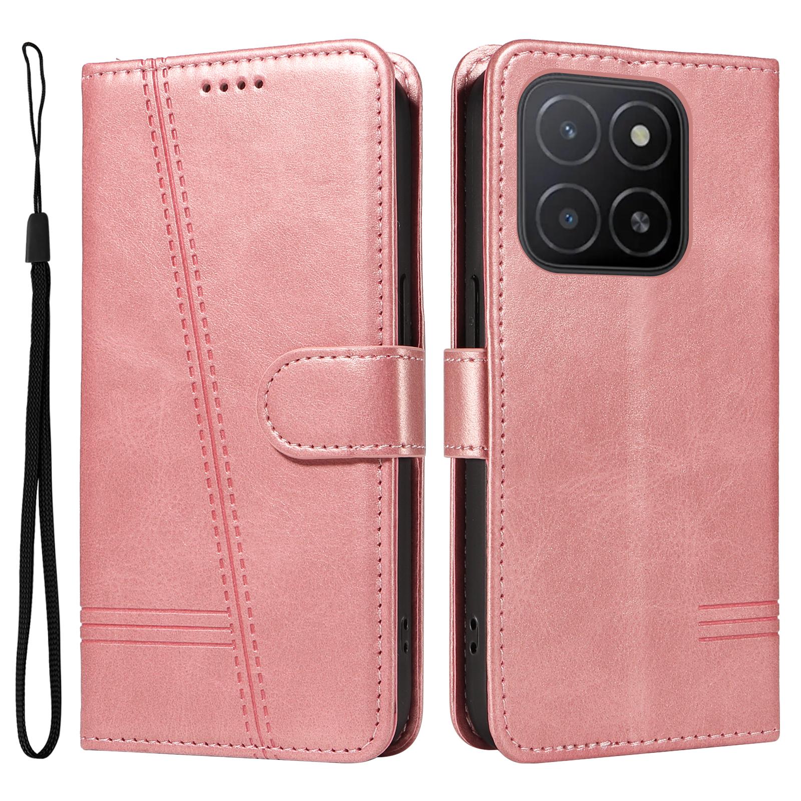 

For Honor X5b/X5b Plus Wallet Phone Case T-Shape Lines Leather Cover Rose Gold