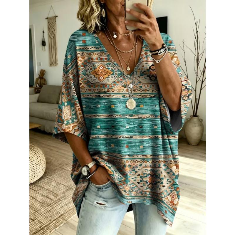 Women's large-size V-neck T-shirt, retro casual top, with printed design, fashionable and versatile ,machine washable.