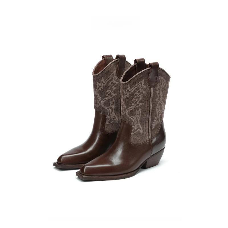 Cowhide version pointed thick heel engraved western cowboy boots for women new color matching retro style short boots for women in autumn and winter 35 7336₽