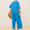 Women's Round Neck Color Casual Cotton Linen 3/4 Sleeve Top And Pants Set