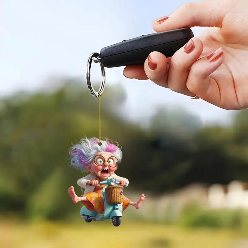 New 2D Flat Acrylic Flat Cartoon Grandma Pendant, Keychain Decoration Car Pendant