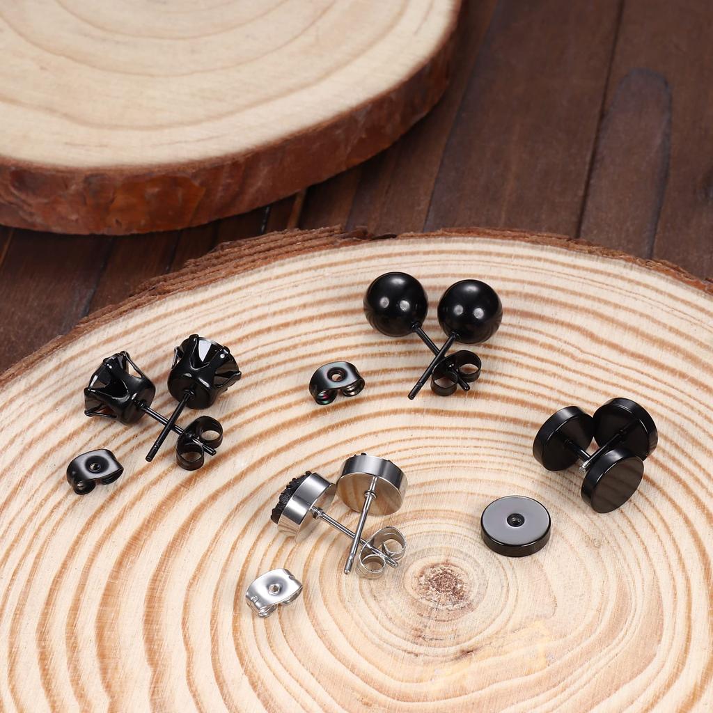 1 Pairs Black Earrings for Men Women Stainless Steel Black Stud Earrings Round CZ Stud Earrings Set 8MM