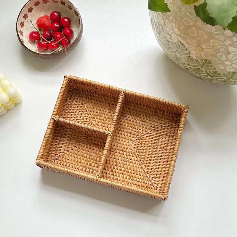 Autumn rattan woven dried fruit box candy box compartment organizer jewelry box rectangular creative living room storage basket