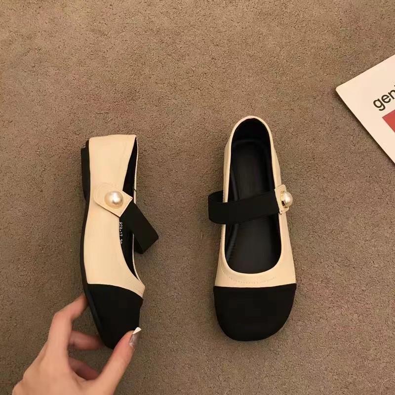 2025 Spring One-word with Mary Jane Women's Shoes Small Thick Heel Square Head Shallow Mouth Single Shoes