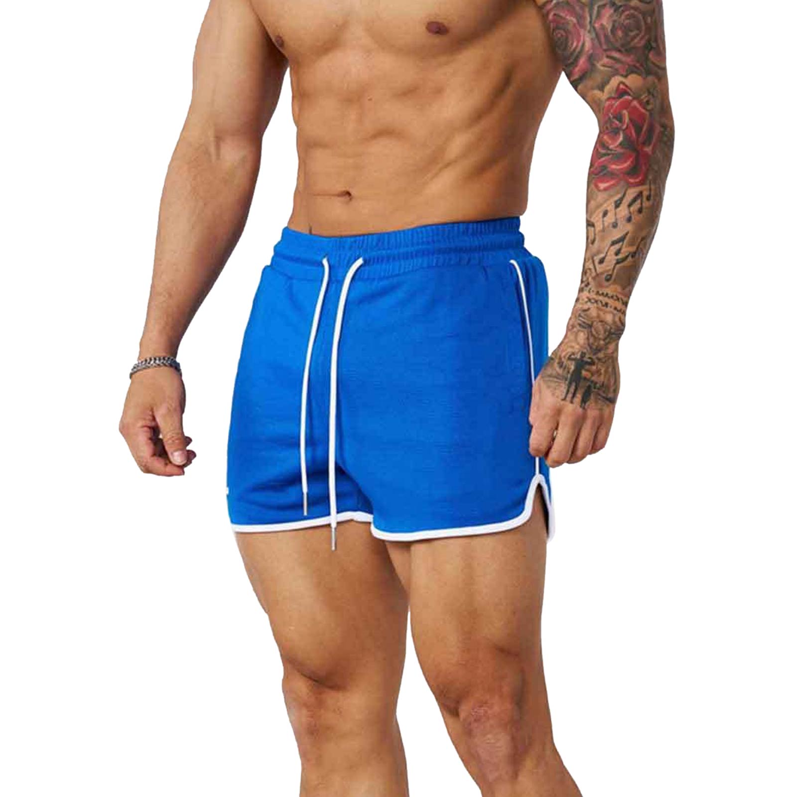 Herren Trainingsshorts 5 Zoll Schrittlänge Fitness Workout Kurze Hosen Laufen Training Bodybuilding Netzstoff Lässige Shorts mit Taschen Elastischer Bund Kordelzug S blue