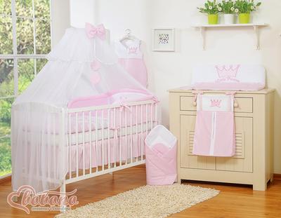 Large Mosquito Net for a Baby's Bed Made of White Chiffon with Rings and a Bow - Pink Pendants