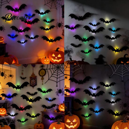 Fledermaus-Dekorationen Halloween 3D Beleuchtete Wanddekoration, Abnehmbare Filz Fledermaus Aufkleber, Verschiedene Mysteriöse Heimdekorationen Größe, LED Leuchtende Clings für