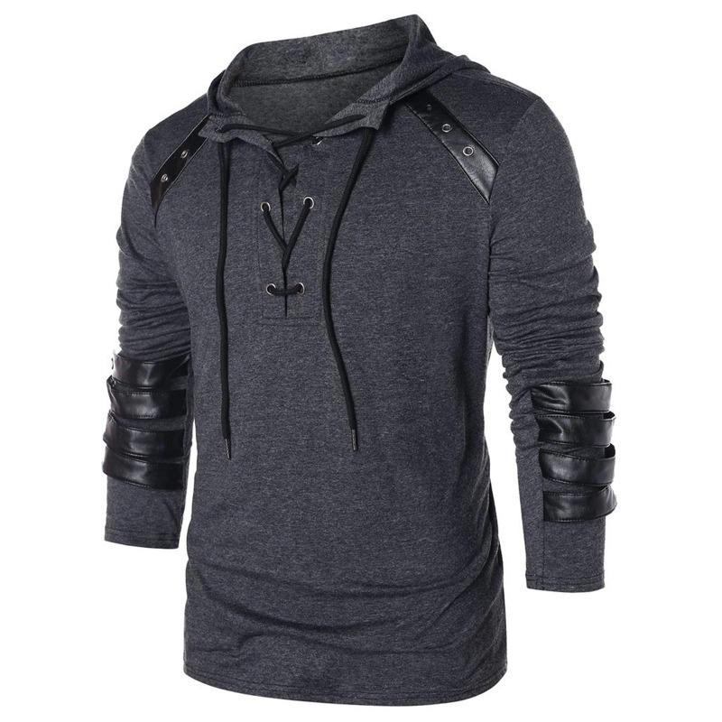 Heren winter trekkoord vintage leer patchwork lange mouwen hooded tops blouses