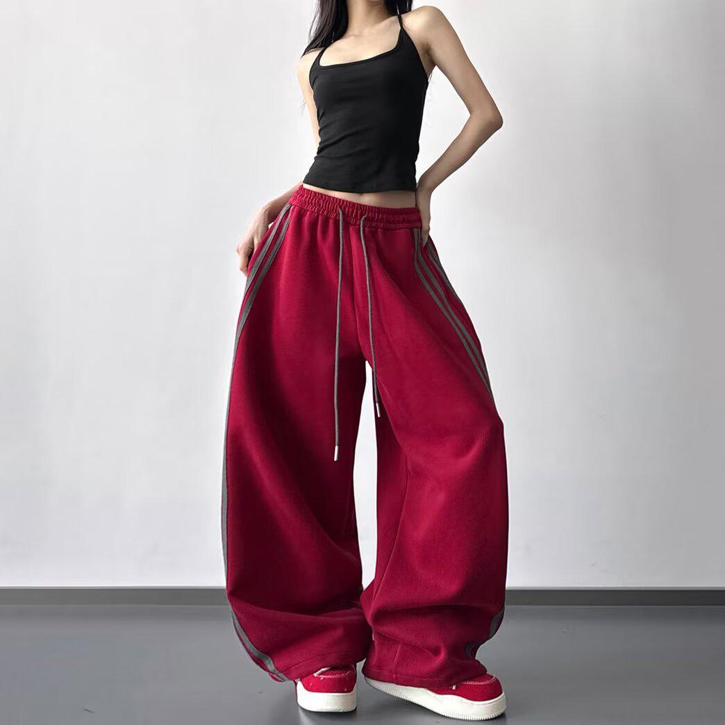 Women s Striped Patchwork Wide-Leg Jazz Dance Pants — Summer Casual, Hip Hop Style, Slimming, Leg-Shaping. 2XL красный