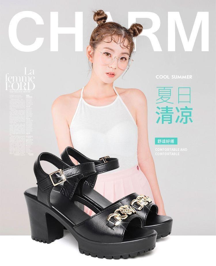 Summer New Catwalk Thick Heel Sandals Women's Waterproof Table Fish Mouth Fashion Metal Medium and High Heel Fashion Sandals One-word Buckle