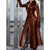 Women's Long Sleeve Faux Leather Maxi Coat Slim Fit Zip Up V Neck Elegant Commuter Trench Overcoat For Fall Winter
