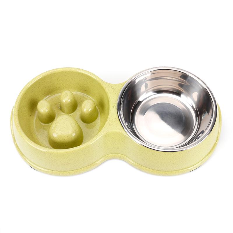 Wheat Straw Stainless Steel Double Pet Bowl - Anti-Choke Slow Feeder for Dogs and Cats