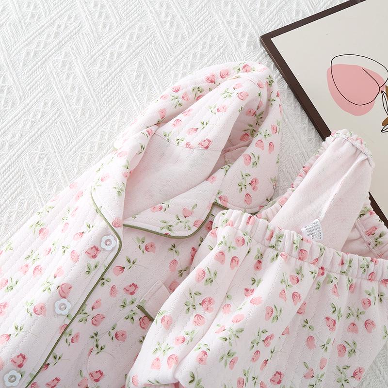 Women's Quilted Lapel Pajamas: Thick, Warm Cotton Loungewear for Autumn & Winter