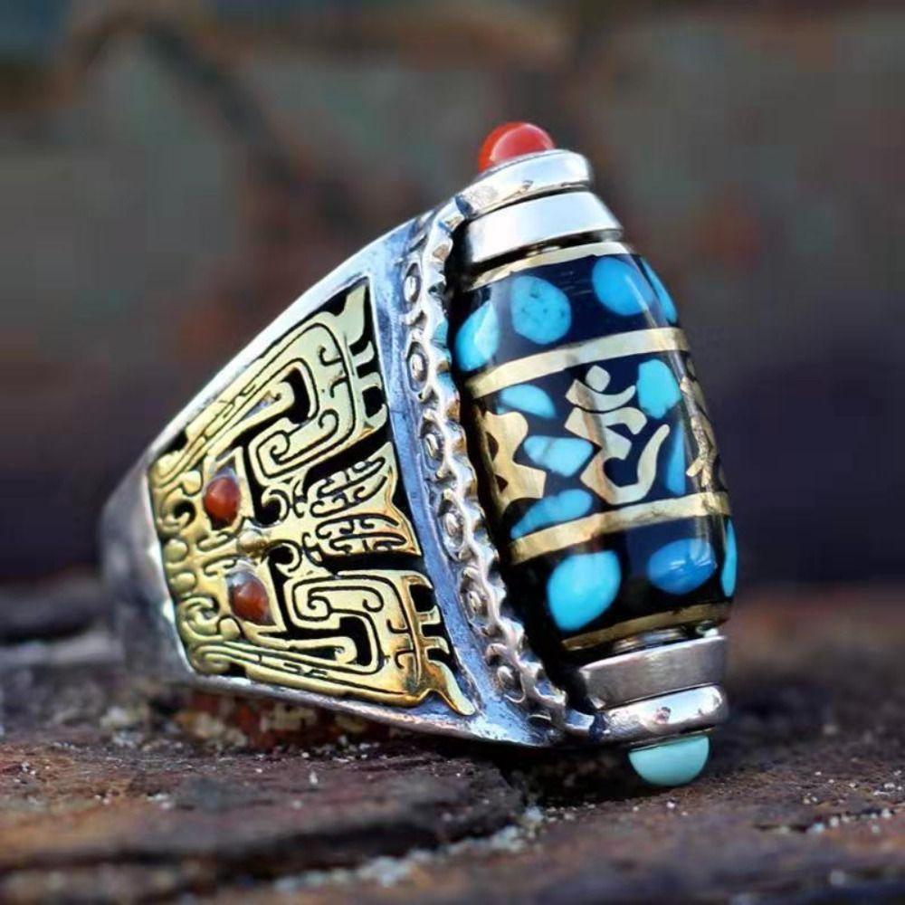 Six-character Mantra Nine Turns Dzi Ring Adjustable Size Rotatable Finger Ring Handmade