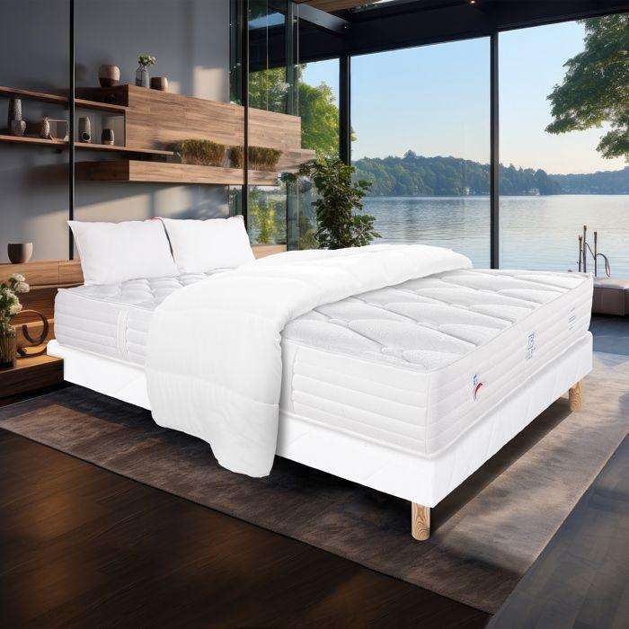 Ensemble matelas Patriote Mousse, 27 cm mémoire de forme , ferme réversible+sommier blanc ep 13cm + 2 oreillers + couette