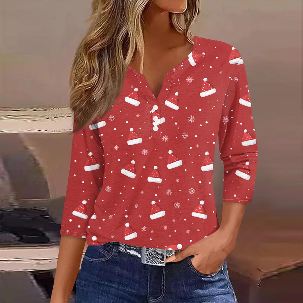 Women's Fashion Casual Halloween Printed V-Neck Short Sleeve Decorative Button Three-quarter Sleeve T-shirt Top