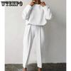 Kobiety eleganckie solidne zestawy 2-częściowe Casual O-Neck pulowerowe topy długie spodnie garnitur moda damska luźne stroje Streetwear