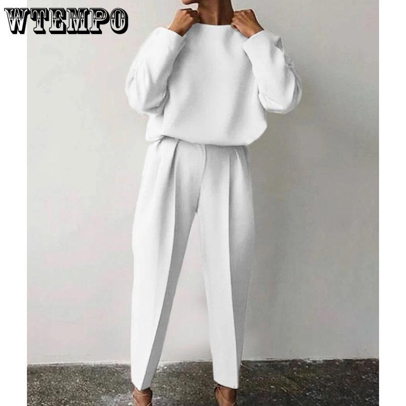 Kobiety eleganckie solidne zestawy 2-częściowe Casual O-Neck pulowerowe topy długie spodnie garnitur moda damska luźne stroje Streetwear