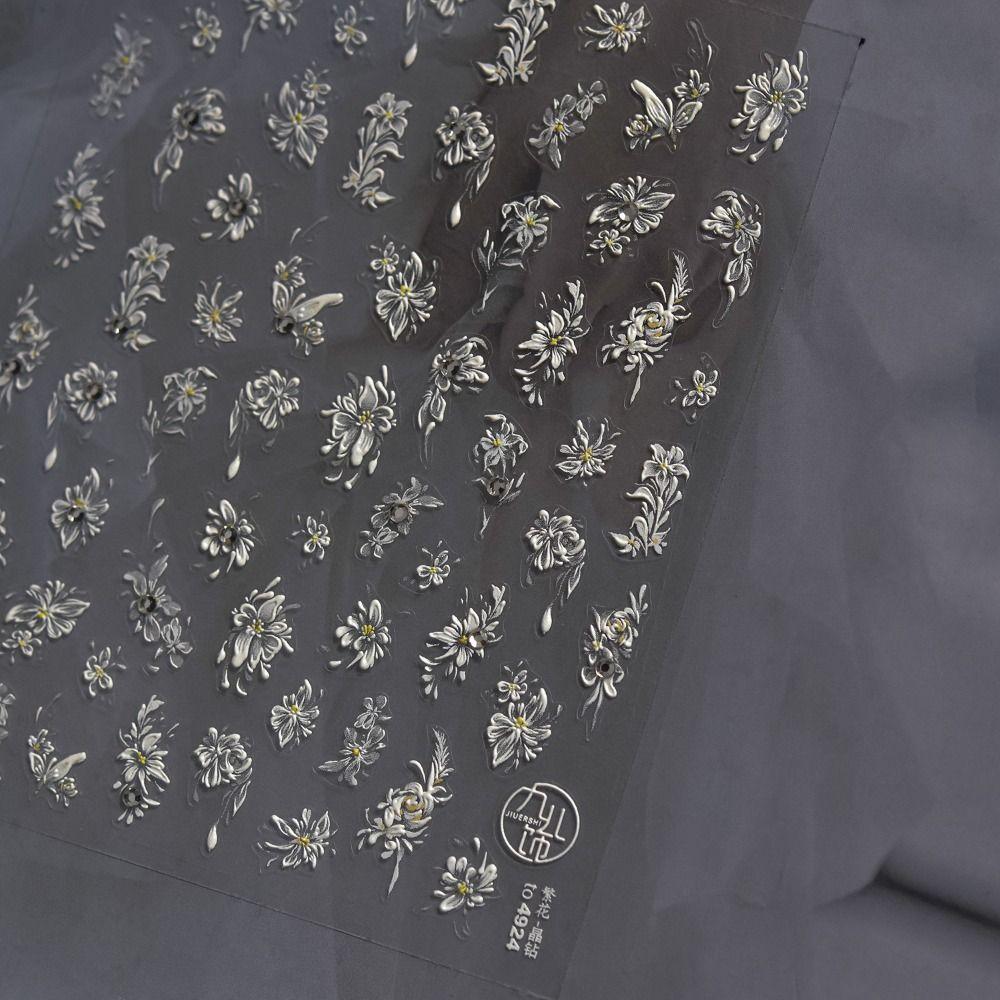 Pearl Inlay Pink Butterfly 3D Relief Nail Stickers DIY Manicure White Flower with Rehinstone Self Adhesive Decal Charm