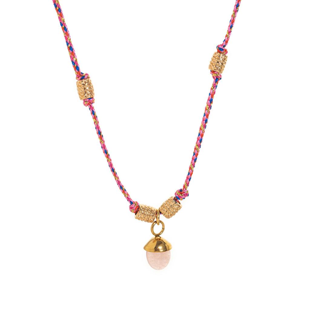 Stainless Steel Half-circle Natural Stone Acorn Pine Cone Pendant Necklace with Hand-knotted Rope Jewelry for Women.