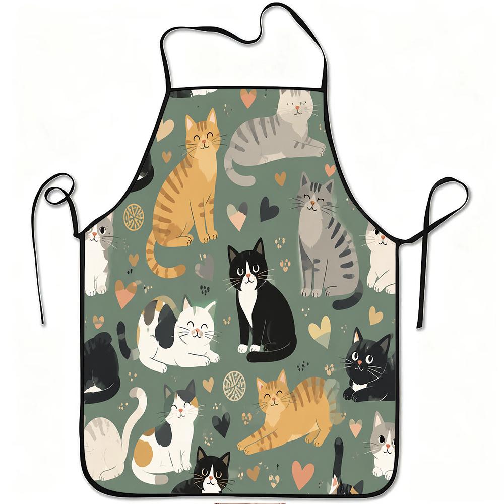 1pc Cute Cat & Heart Print Apron with Kitten & Paw Print, Adjustable Waistband Suitable for Cooking, Gardening, Picking, Christmas, Halloween - Durabl