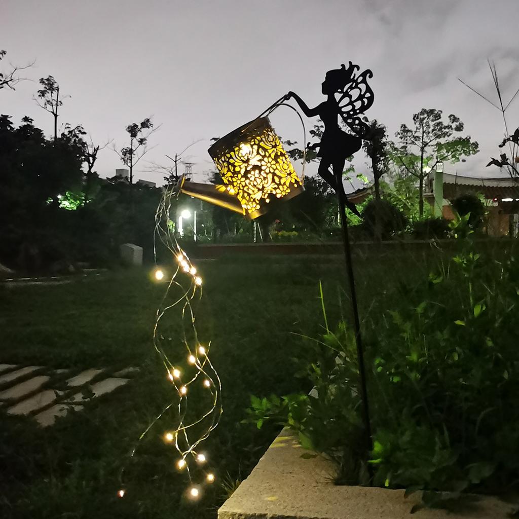 1 beautiful Art Deco style fairy watering kettle sculpture - Valentine's Day garden decoration, solar powered metal statue with