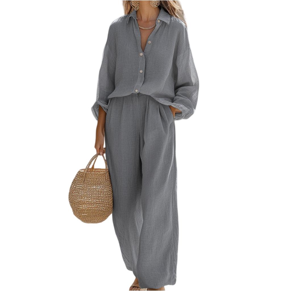 Women's Fashion Two-piece Solid Color Long-sleeved Shirt Trousers Casual Set