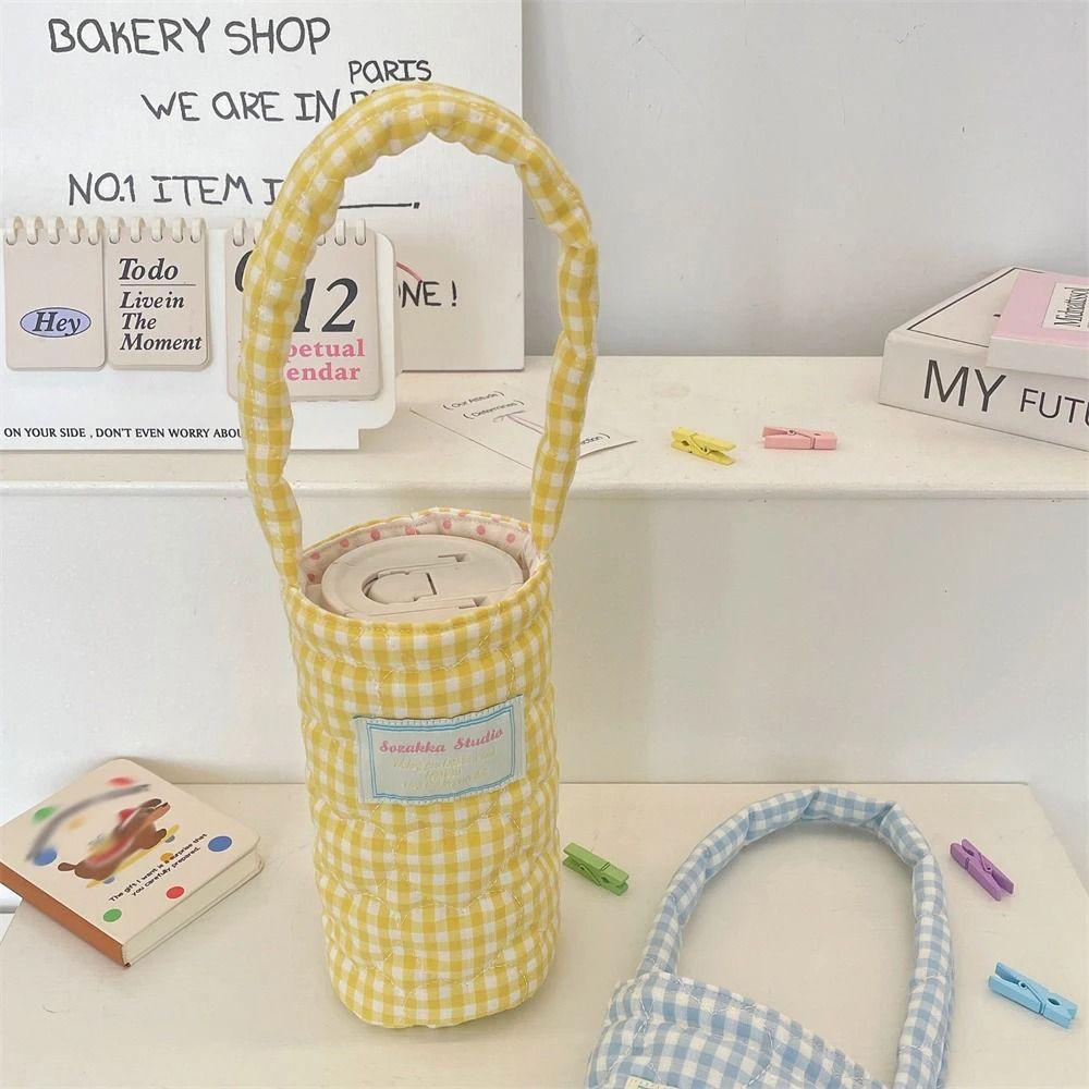Plaid Design Water Bottle Protective Cover Heart Embroidery Thermos Cup Sleeve  For Men And Women