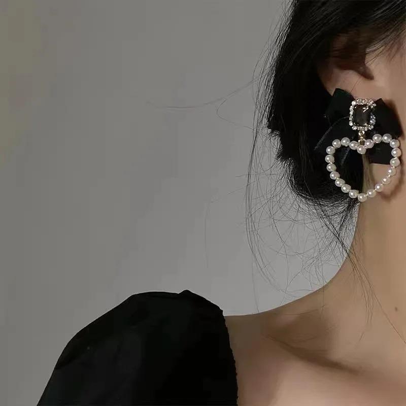 Accessories For Women Retro Rhinestone Bow Earrings For Women Big Black Bowknot Heart Shaped Drop Earring Party Jewelry Gifts