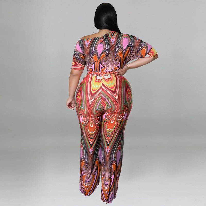 MY928 Plus Size Womens Off-Shoulder Ethnic Print Jumpsuit 2025 Lightweight Knit Romper With Moderate Stretch Straight Leg Pant