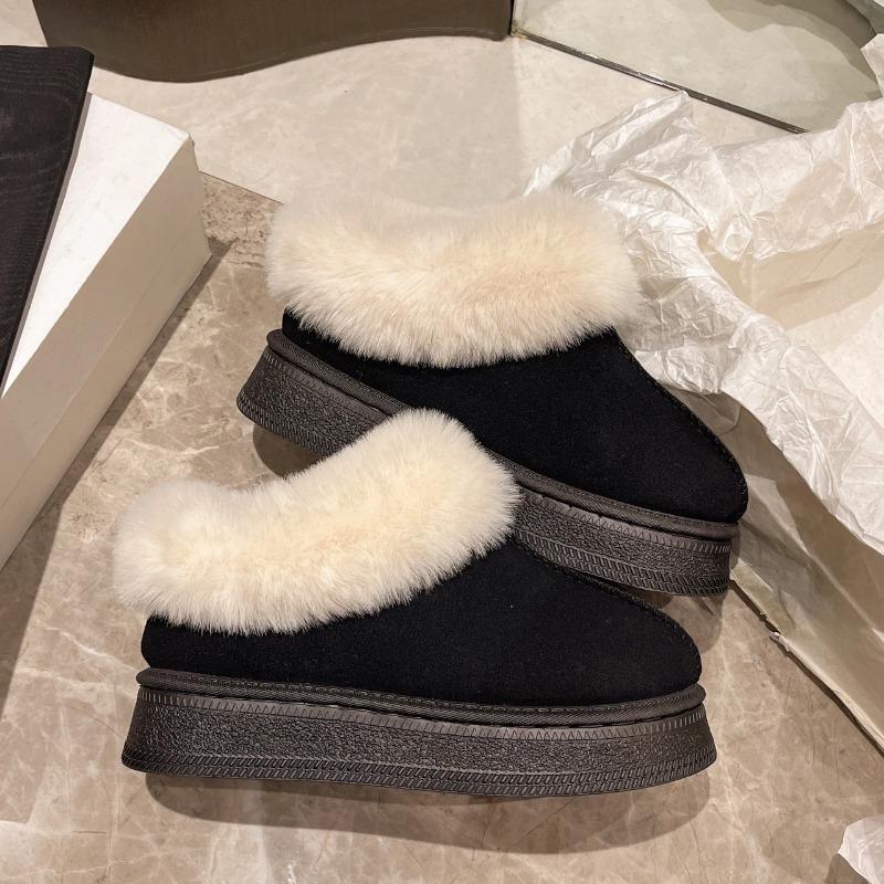 Novas botas de neve femininas da moda 2024, térmicas, forradas com pelúcia, peludas, versáteis, de camurça, cano baixo, bico redondo, quentes, botas escolares de inverno