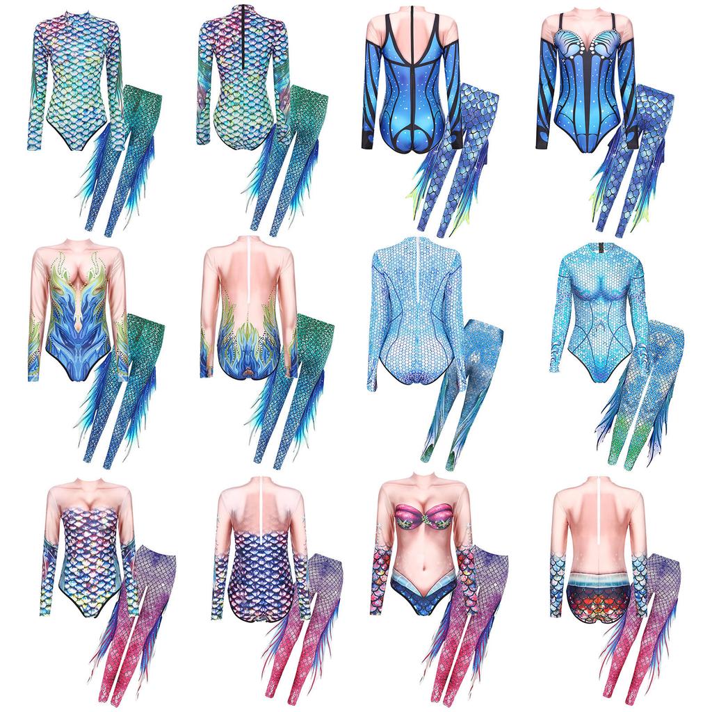 Shimmering Mermaid Stage & Party Jumpsuit S-XL: High Waist Tights Design with Stand Collar, Eye-Catching for Halloween