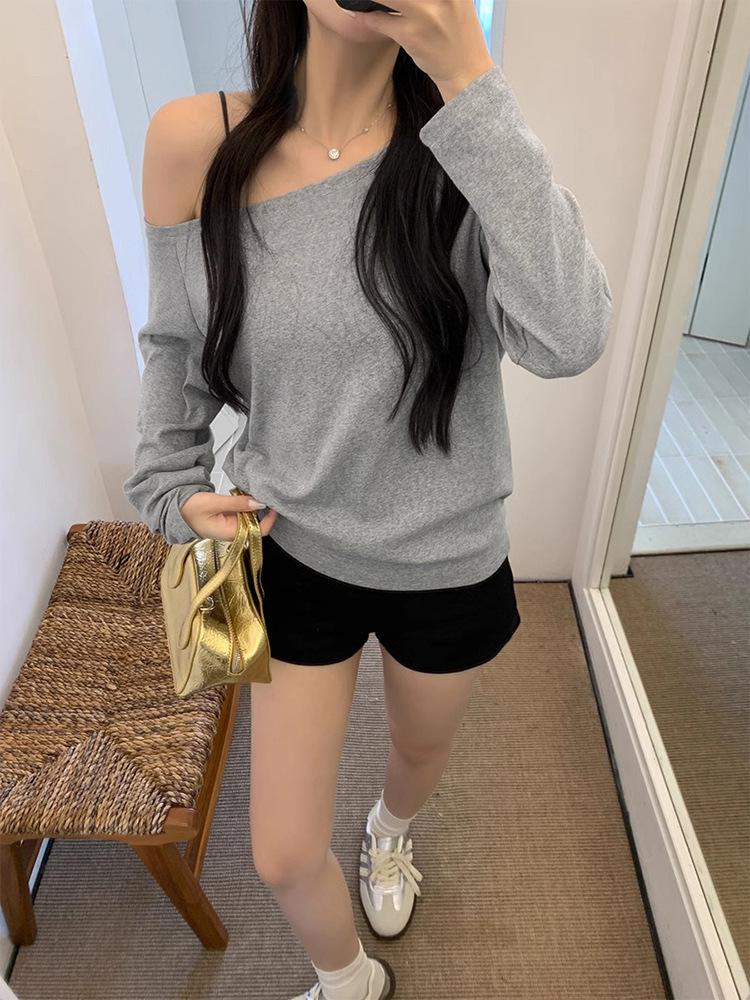 One-word shoulder long-sleeved T-shirt for women's new autumn sexy off-the-shoulder loose and pure slanted shoulder student top for women