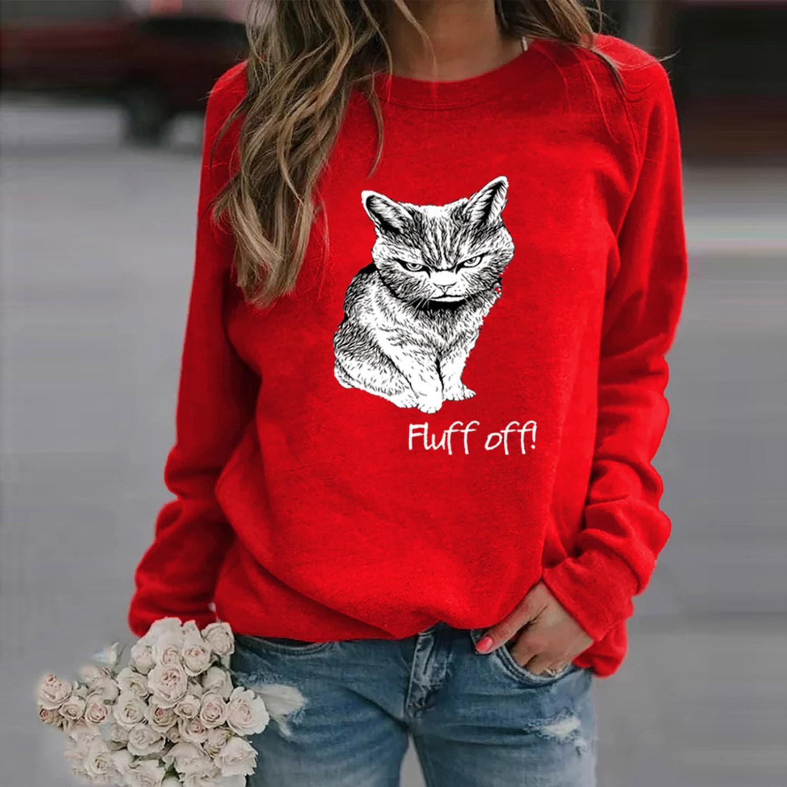 

Womens Fashion Leisure Cat Print Long Sleeve Round Neck Casual Loose Tops M красный