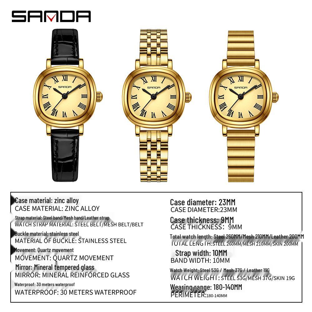 Sanda Women's Luxury Quartz Watch - Small Lightweight Square Design with Roman Numerals, Casual Waterproof Wristwatch